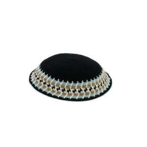   Black Knitted Kippah with Blue and Brown Stripes and Diamonds