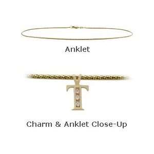  Initial Diamond T Yellow Gold 9 Charm Anklet Jewelry