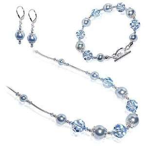  Blue Imitation Pearl Earrings Bracelet with 16 inch Necklace Jewelry 