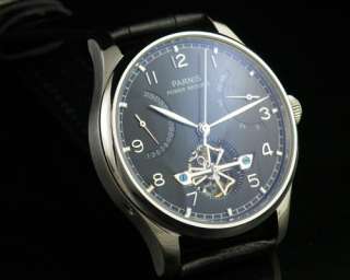 Parnis black dial Power Reserve automatic watch seagull movement 
