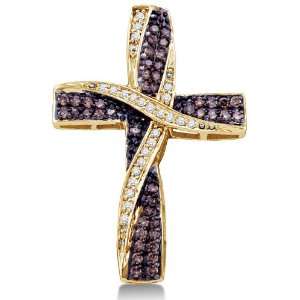 10K Yellow Gold Cross Channel Set Round White and Chocolate Brown 