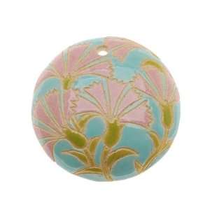 Golem Design Studio Glazed Ceramic Disc Pendant Pink/Green Wild Flower 