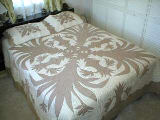 Queen Breadfruit Hawaiian Quilt & 2 Pillow Shams Khaki  