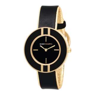 BCBG Women’s Bauhaus Gold Tone Case Black Leather Watch BG6251 NEW 