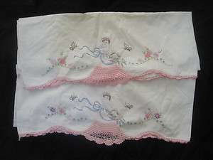   BRIDE HANDMADE NEEDLE EMBROIDERY LACE PILLOW CASES LOT 2 PINK  