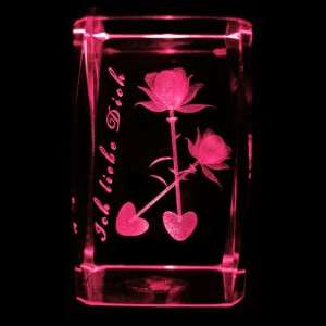 3D Laser Kristall Glasblock mit LED Beleuchtung   Rose Herz Schriftzug 