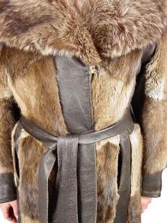Vintage Muskrat Fur & Leather Belted Trench Coat 1970S  