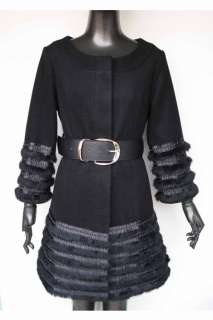 Black Layered Rabit Fur Edge New Fashion Stylish Lammy Coat Outerwear 