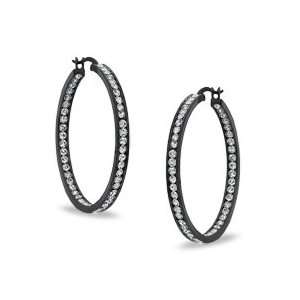Hoop Earrings with White Crystals Black Ion Plated Stainless Steel 