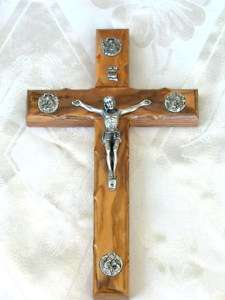 Olive Wood 8 Inch Wall Cross Crucifix + Gospel Icons  