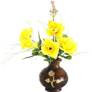  Wooden Vase Flower Holder Handcrafted Brass Floral Carvings Antique 