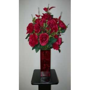 Red Rose Silk Floral Arrangement in Tall Red Glass Contemporary Vase
