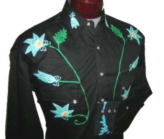 6757 B Floral Rockmount Western Cowboy Embroidered Snap Shirt Black Lg 
