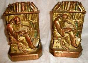 Antique Galvano Bronze Monks Reading Bookends RARE GC  