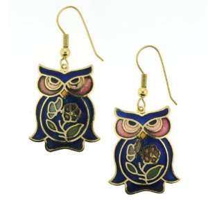   Gold Plated Owl with Flower Design Cloisonne Earrings   26x21mm, Blue