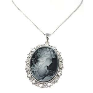 Beautiful Large Blue/Gray Cameo Woman Necklace with White/Ice Crystal 