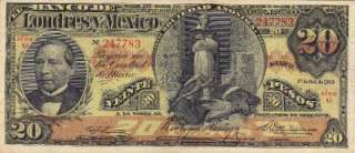 Banco de Mexico $ 20 Pesos El Banco de Londres y Mexico Oct 1, 1913 