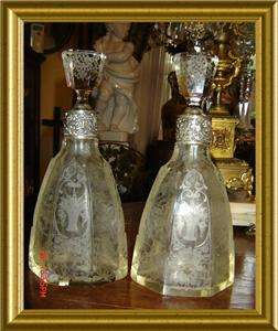 ANTIQUE STERLING SILVER,ENGRAVED CRYSTAL PAIR DECANTERS  