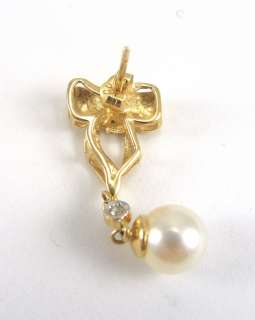   Gold Earrings Diamond Cultured Pearl Dangle Bow Stud Earrings 1 1/4