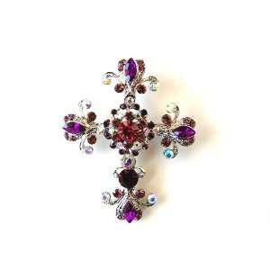   Amethyst Crystal Rhinestone Statement Cross Motif Fashion Pin Brooch