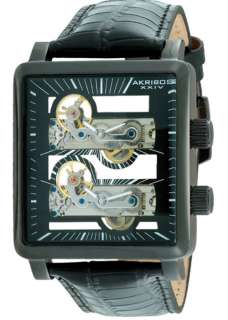 Akribos XXIV Ak482BK Dual Time Mechanical Skeleton Mens Watch  