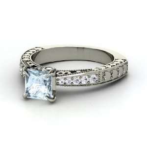  Megan Ring, Princess Aquamarine Palladium Ring with White 
