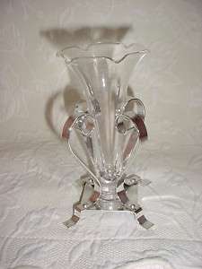 Elegant Fluted Glass Vase w Metal Stand  
