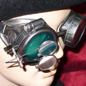 Steampunk Goggles Glasses magnifying lens Pewter Green  