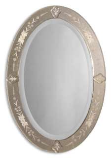 This frameless mirror features an etched, antiqued, beveled mirror 