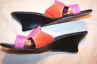 COLE HAAN Wedge Leather SANDALS Orange Pink Black Brazil Size 8  