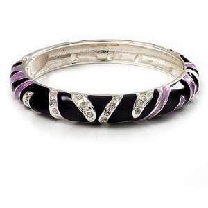  Purple Crystal Enamel Hinged Bangle Bracelet (Silver Tone 