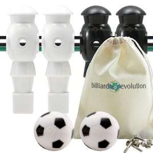  4 White and Black Foosball Men and 2 Soccer Balls with 