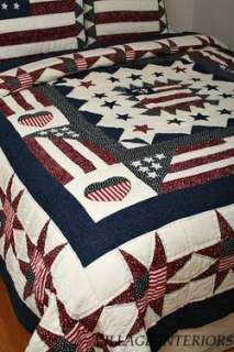 PATRIOTIC RED BLUE GREAT AMERICAN FLAG KING COTTON QUILT SET  