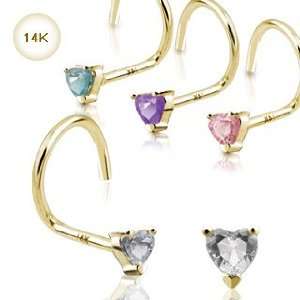 14K Gold Nose Screw with Prong Set 3mm Pink Cubic Zirconia Heart Stud 