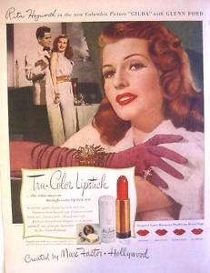 1946 MAX FACTOR HOLLYWOOD   RITA HAYWORTH LIPSTICK Ad  