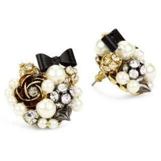 Betsey Johnson Pearl and Black Bow Button Stud Earrings   designer 