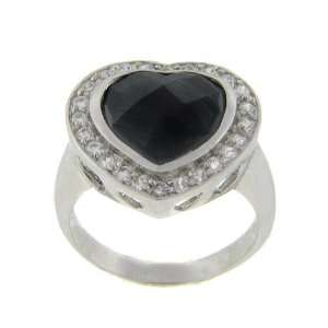    Sterling Silver Big Black Stone Heart CZ Ring Size #8 Jewelry