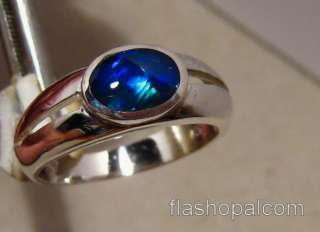 Mysterious Blue Harlequin Solid Opal Ring Sterling Silver Slit Band 