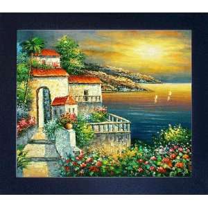 Mediterranean Sunset   Oil Painting Framed in New Age Black Wood Frame