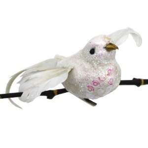  Artificial Glitter Bird 5in.   White Open Wing Fancy Tail 