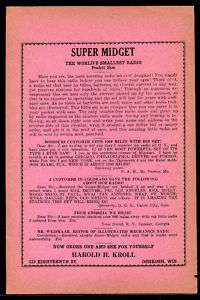 late 1930s Super Midget Crystal Pocket Radio Sale Sheet  