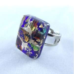   Color Gold Rectangle Venetian Murano Glass Adjustable Ring Jewelry