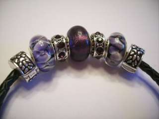 Black Leather charm bracelet Purple Murano Glass beads Stones European 