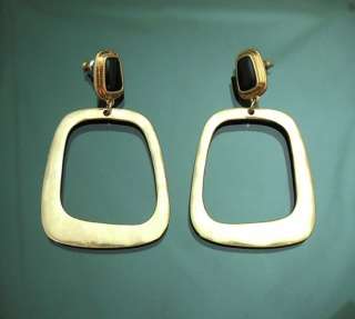   Gold GP Hammered Metal Black stone Top Big Square Earrings 2.5inch