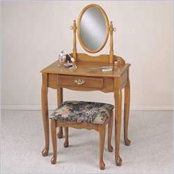   Nostalgic Oak Wood Makeup Vanity Table with Mirror and Bench [12456